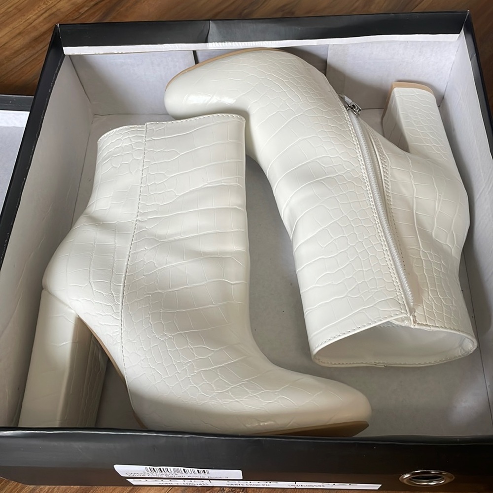 PrettyLittleThing white crocodile style boots